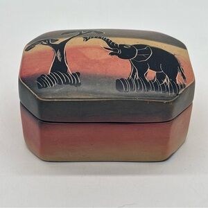 Vintage Hand Carved Soapstone Trinket Box Painted with African Elephant Design